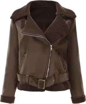 Faux Suede Leather Jacket for Women Warm Lambswool Fleece Zip Up Lapel Collar Jackets Fashion Pockets Moto Biker Coat