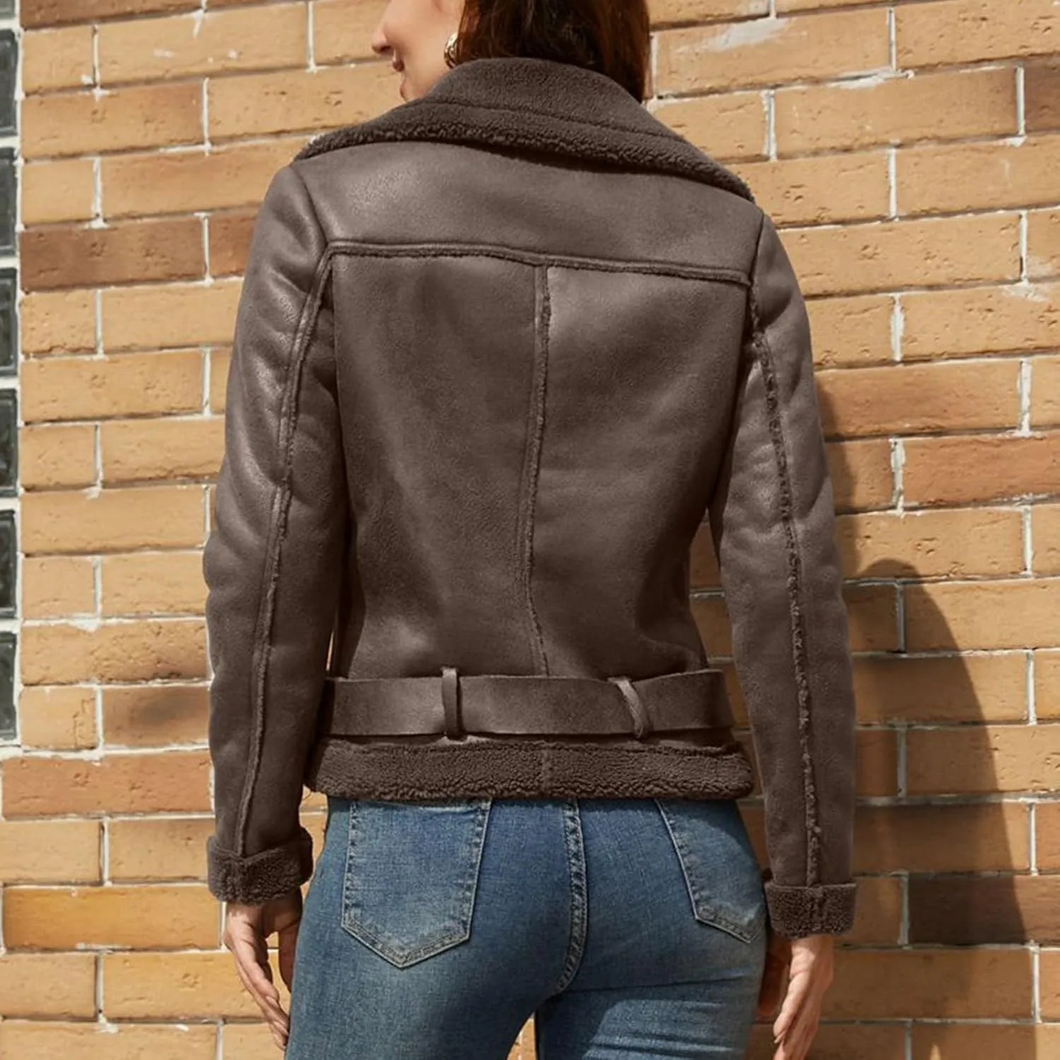 Faux Suede Leather Jacket for Women Warm Lambswool Fleece Zip Up Lapel Collar Jackets Fashion Pockets Moto Biker Coat