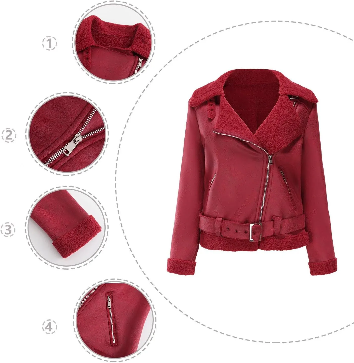 Faux Suede Leather Jacket for Women Warm Lambswool Fleece Zip Up Lapel Collar Jackets Fashion Pockets Moto Biker Coat