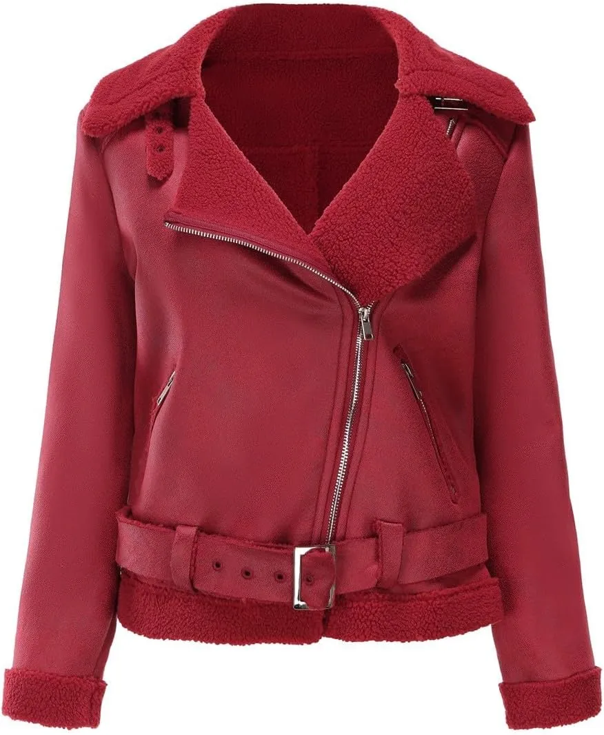 Faux Suede Leather Jacket for Women Warm Lambswool Fleece Zip Up Lapel Collar Jackets Fashion Pockets Moto Biker Coat
