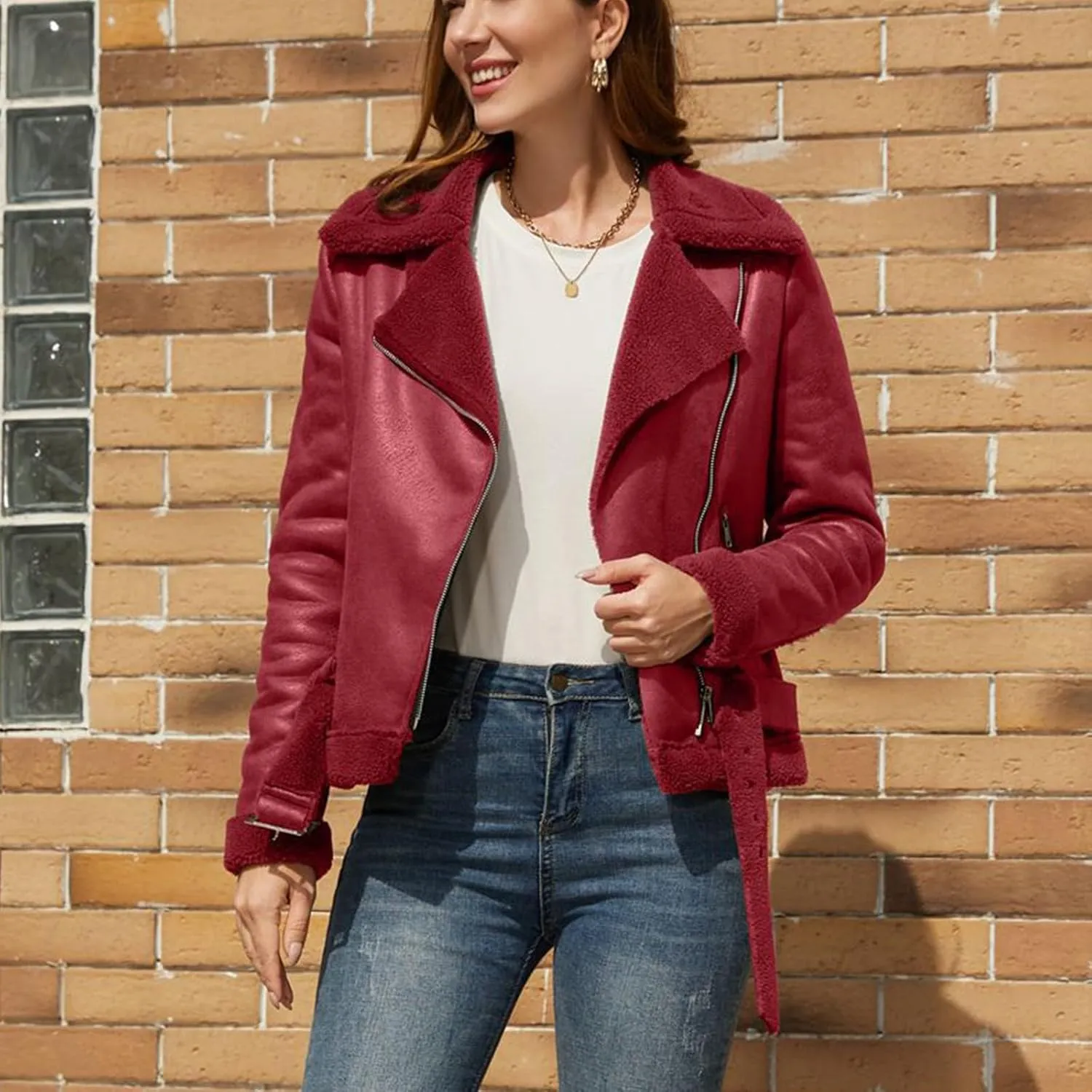Faux Suede Leather Jacket for Women Warm Lambswool Fleece Zip Up Lapel Collar Jackets Fashion Pockets Moto Biker Coat