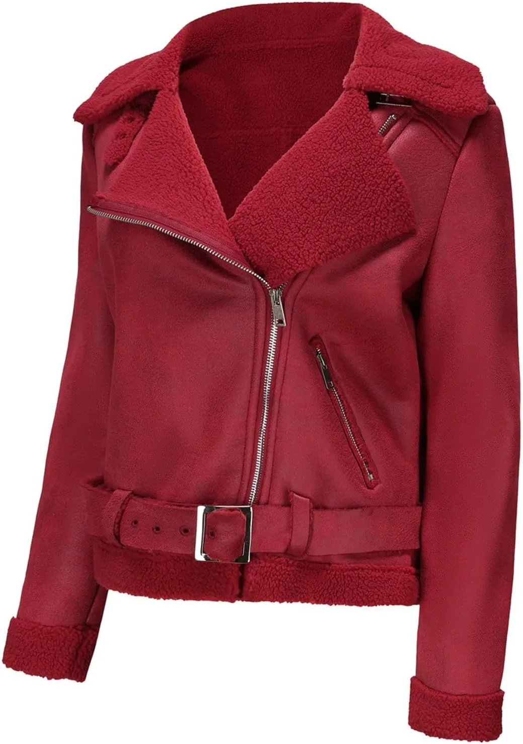 Faux Suede Leather Jacket for Women Warm Lambswool Fleece Zip Up Lapel Collar Jackets Fashion Pockets Moto Biker Coat