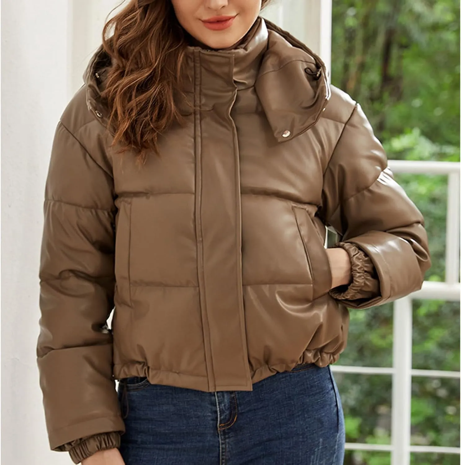 Firzero Womens Winter Coats 2024 Cropped Long Sleeve Puffer Jacket Baggy Short Down Coats Zip up Outerwear