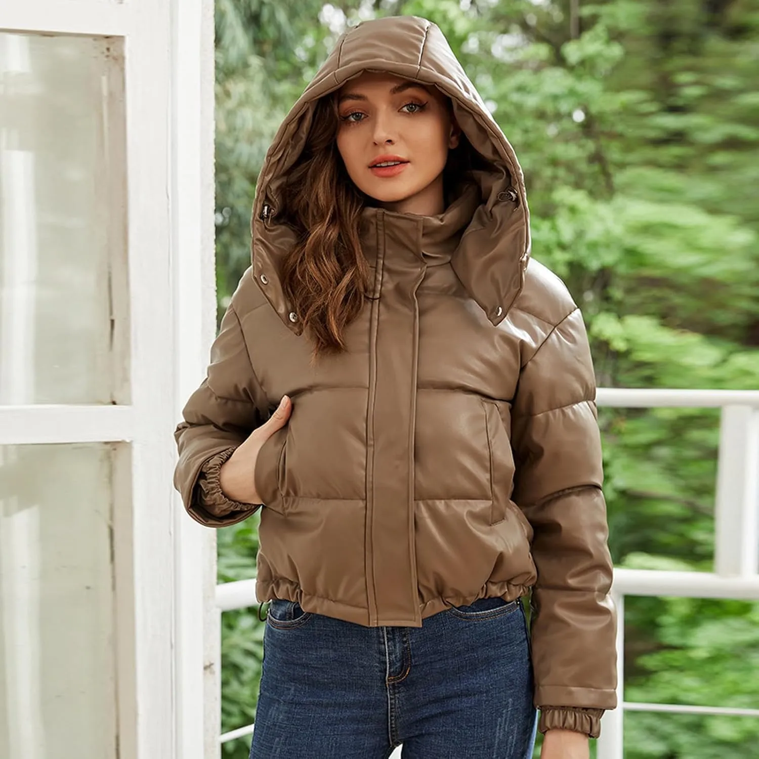 Firzero Womens Winter Coats 2024 Cropped Long Sleeve Puffer Jacket Baggy Short Down Coats Zip up Outerwear