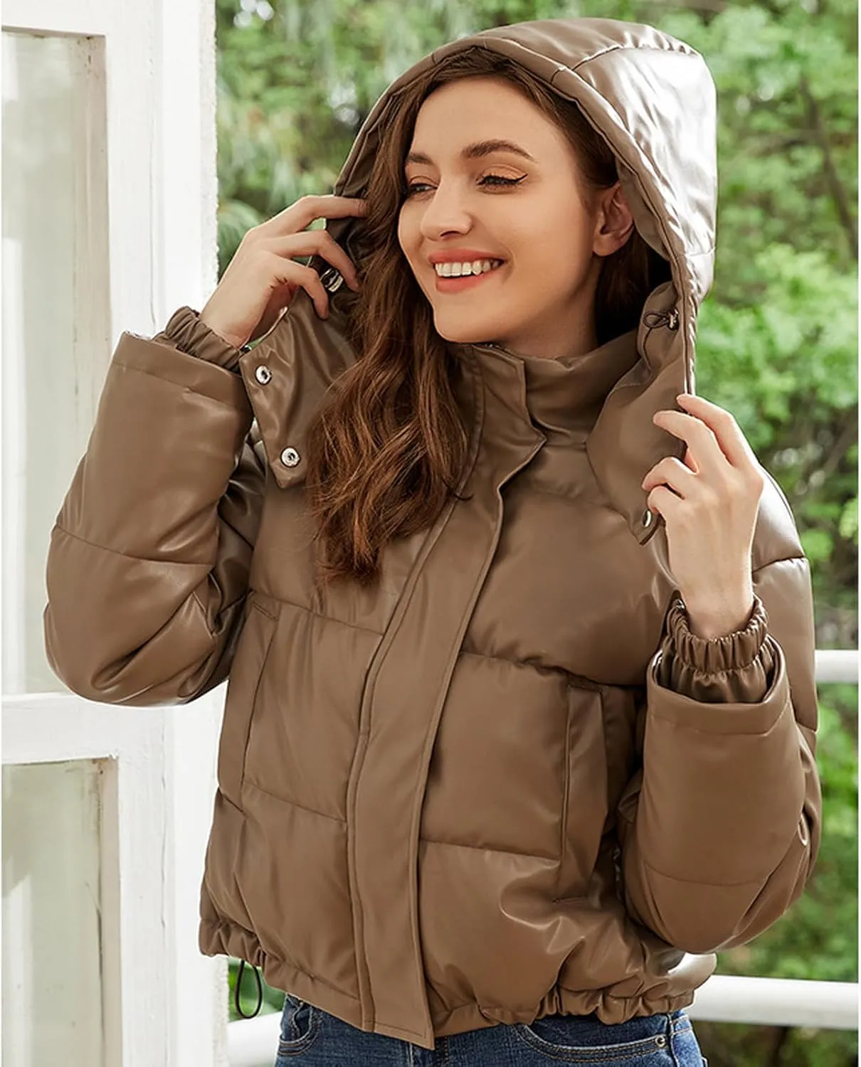 Firzero Womens Winter Coats 2024 Cropped Long Sleeve Puffer Jacket Baggy Short Down Coats Zip up Outerwear