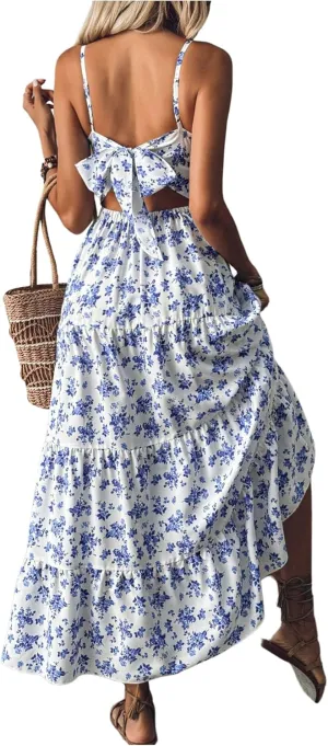 Floerns Women's Floral Bowknot Back Cami Maxi Dress Sleeveless Ruffle Tiered Dresses