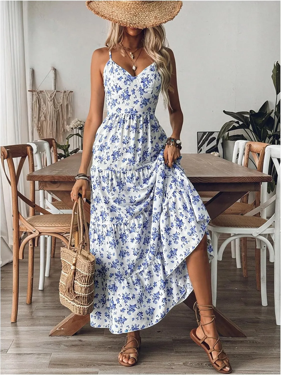Floerns Women's Floral Bowknot Back Cami Maxi Dress Sleeveless Ruffle Tiered Dresses