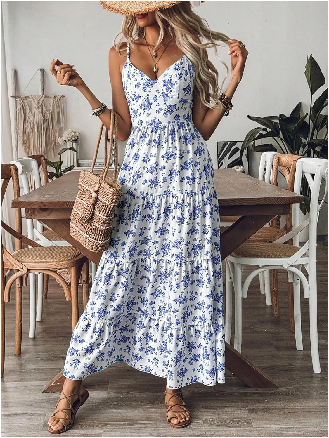 Floerns Women's Floral Bowknot Back Cami Maxi Dress Sleeveless Ruffle Tiered Dresses