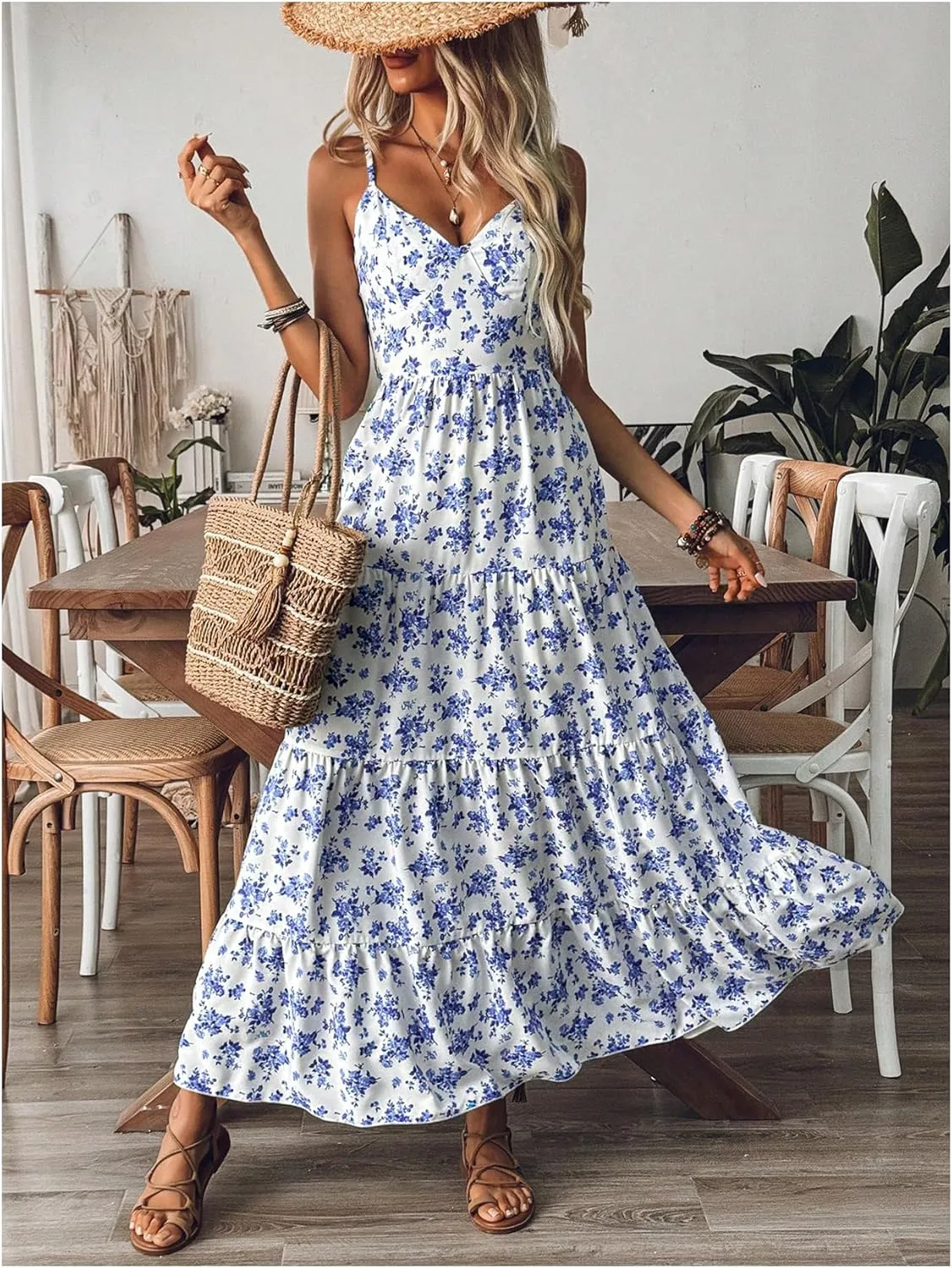 Floerns Women's Floral Bowknot Back Cami Maxi Dress Sleeveless Ruffle Tiered Dresses
