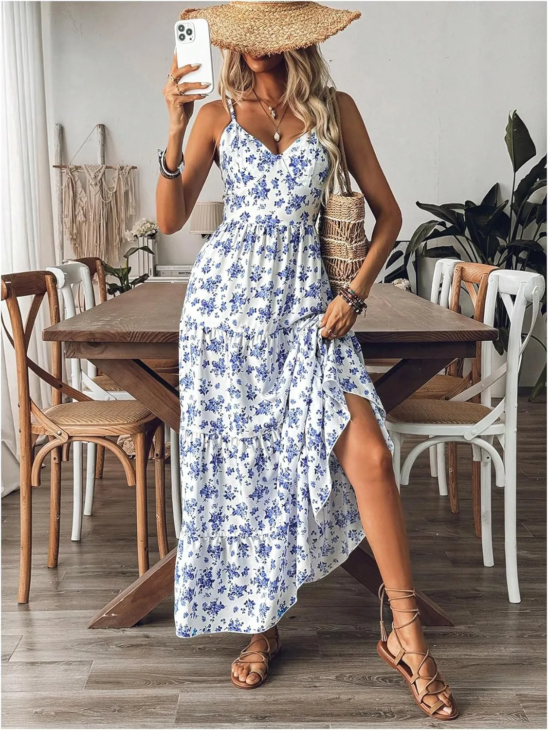 Floerns Women's Floral Bowknot Back Cami Maxi Dress Sleeveless Ruffle Tiered Dresses