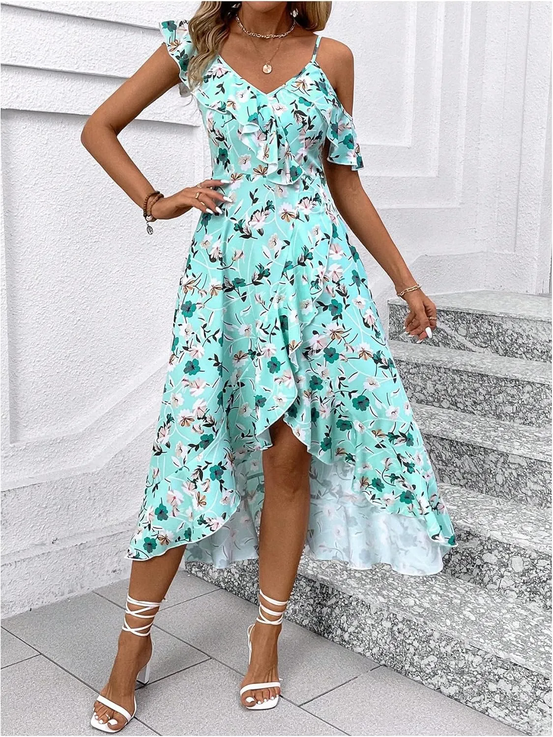 Floerns Women's Floral Ruffle Sleeve Midi Dress Asymmetrical Hem Boho A Line Dresses