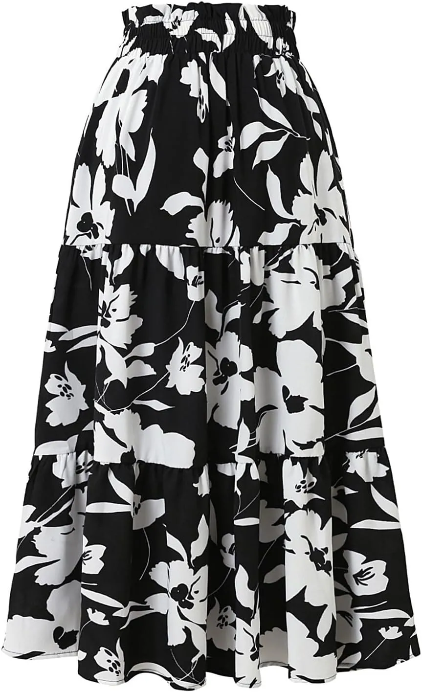 Floral Midi Skirts for Women Casual Flowy Drawstring Waist A Line Skirts Comfy Church Teacher Skirt with Belt