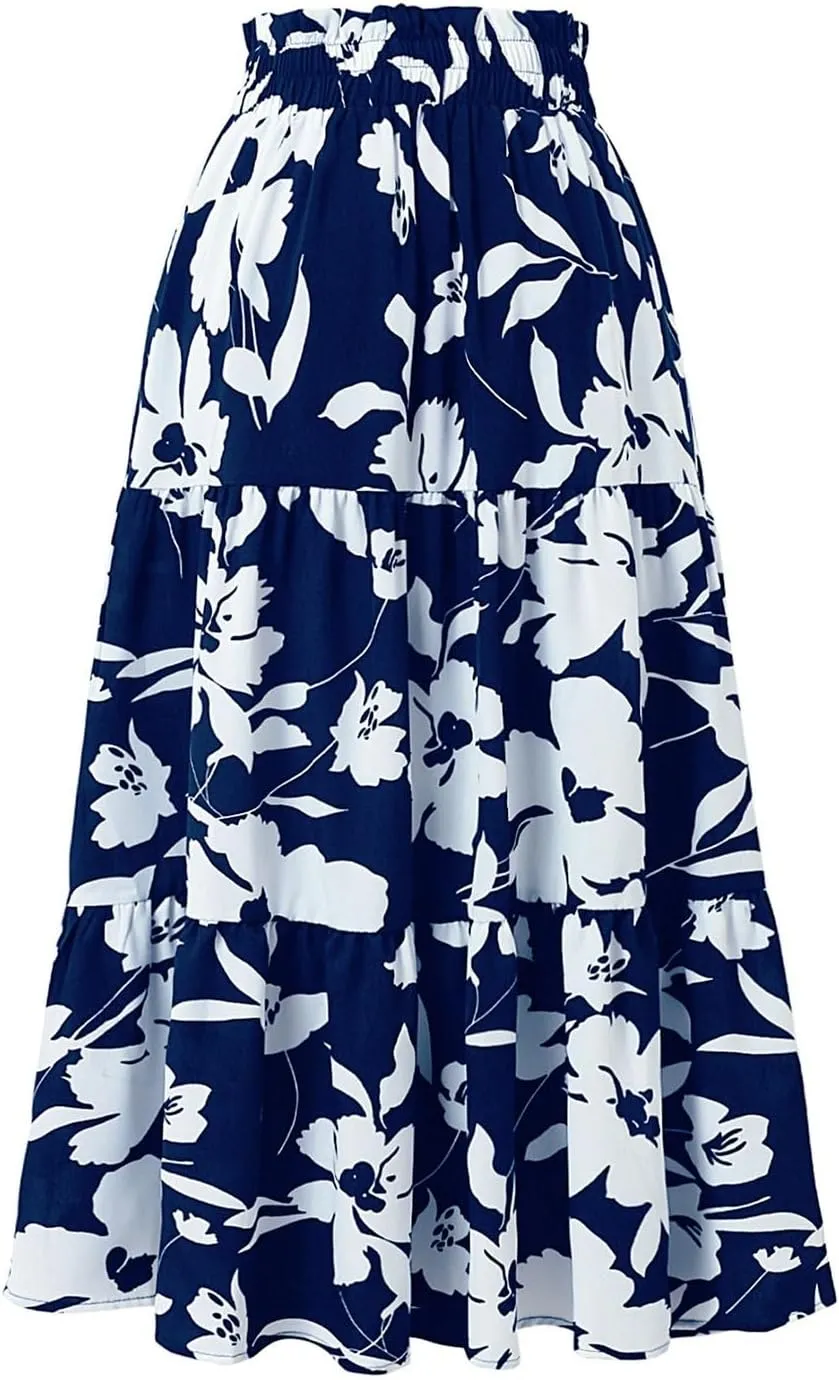 Floral Midi Skirts for Women Casual Flowy Drawstring Waist A Line Skirts Comfy Church Teacher Skirt with Belt