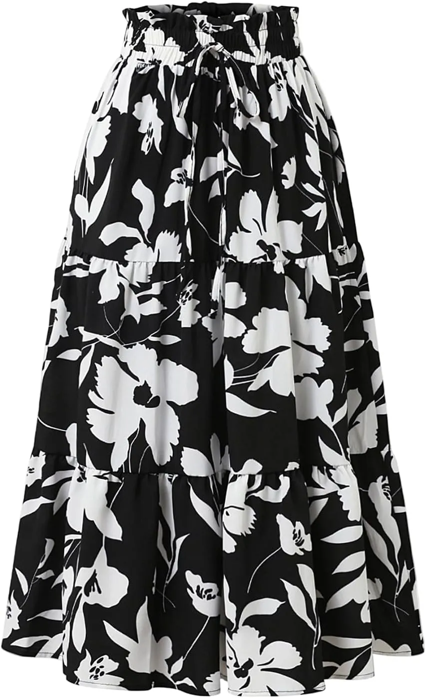 Floral Midi Skirts for Women Casual Flowy Drawstring Waist A Line Skirts Comfy Church Teacher Skirt with Belt