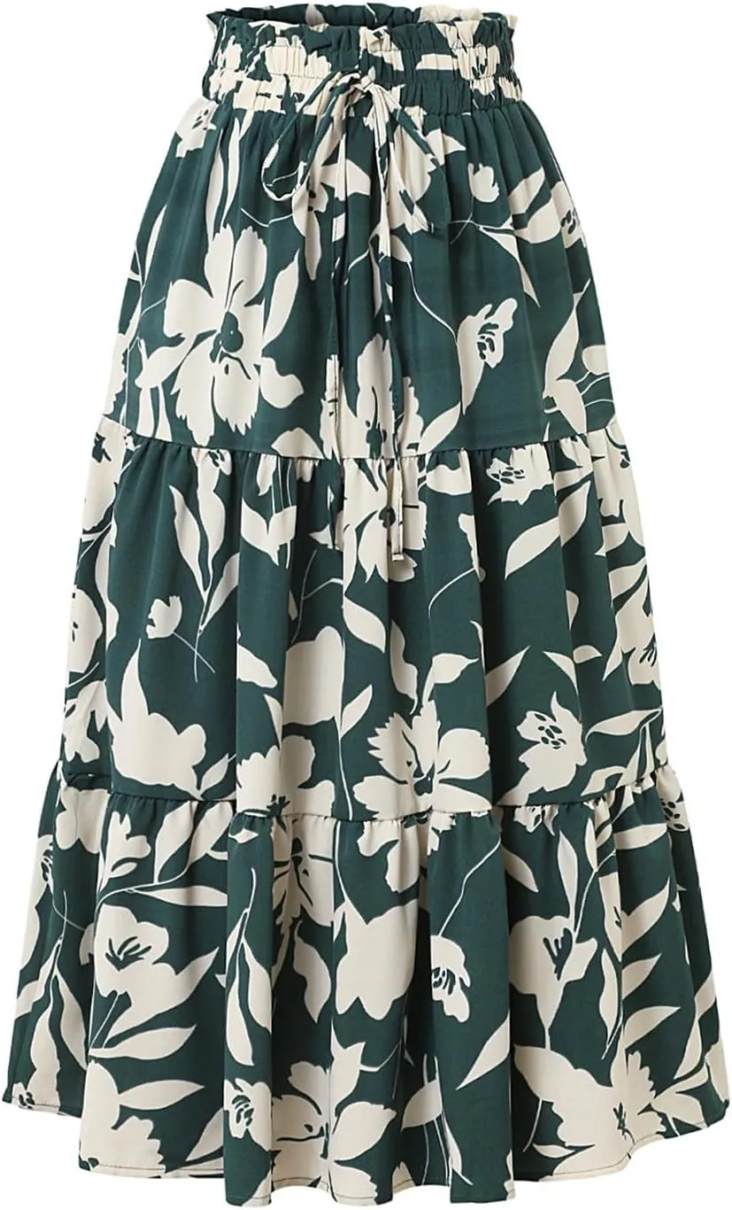 Floral Midi Skirts for Women Casual Flowy Drawstring Waist A Line Skirts Comfy Church Teacher Skirt with Belt