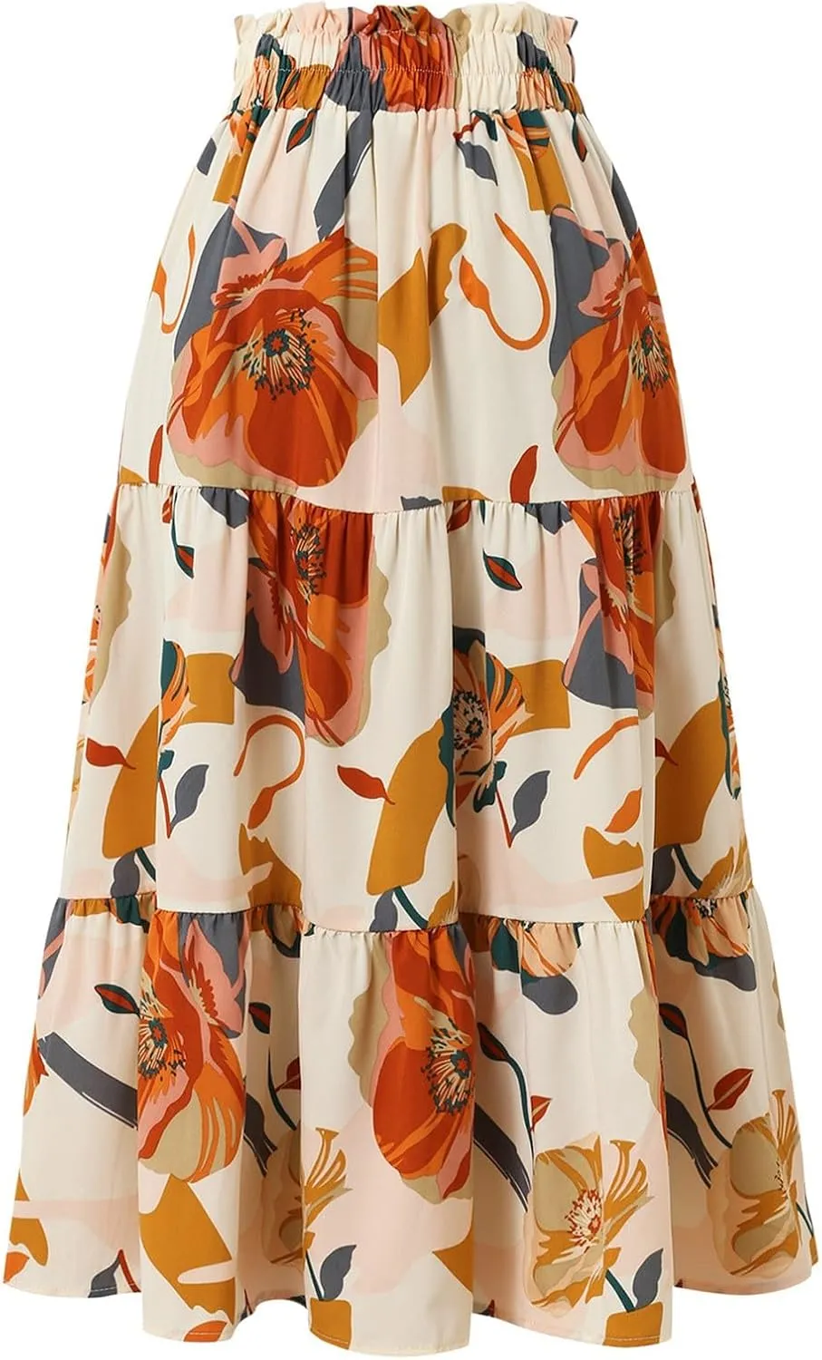 Floral Midi Skirts for Women Casual Flowy Drawstring Waist A Line Skirts Comfy Church Teacher Skirt with Belt