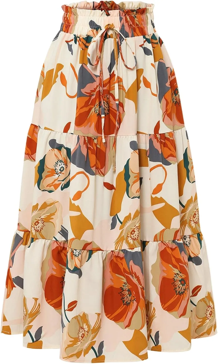 Floral Midi Skirts for Women Casual Flowy Drawstring Waist A Line Skirts Comfy Church Teacher Skirt with Belt