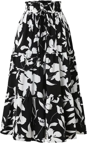 Floral Midi Skirts for Women Casual Flowy Drawstring Waist A Line Skirts Comfy Church Teacher Skirt with Belt