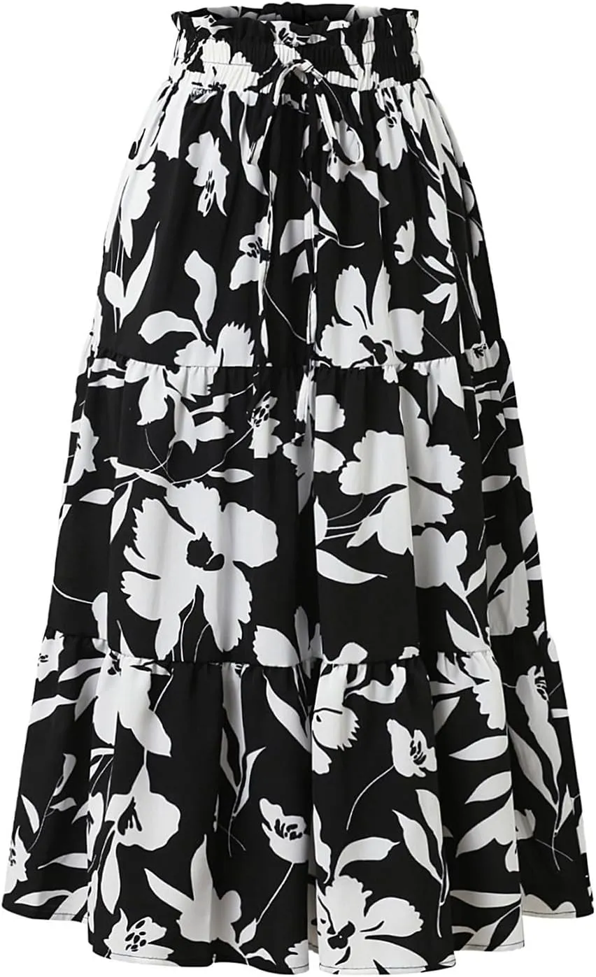 Floral Midi Skirts for Women Casual Flowy Drawstring Waist A Line Skirts Comfy Church Teacher Skirt with Belt