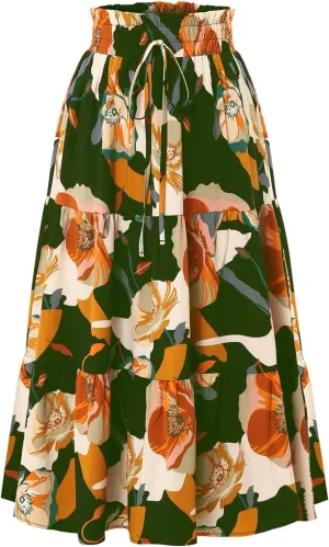 Floral Midi Skirts for Women Casual Flowy Drawstring Waist A Line Skirts Comfy Church Teacher Skirt with Belt