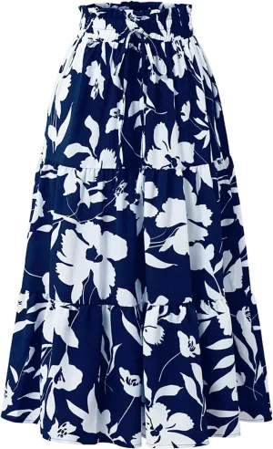 Floral Midi Skirts for Women Casual Flowy Drawstring Waist A Line Skirts Comfy Church Teacher Skirt with Belt