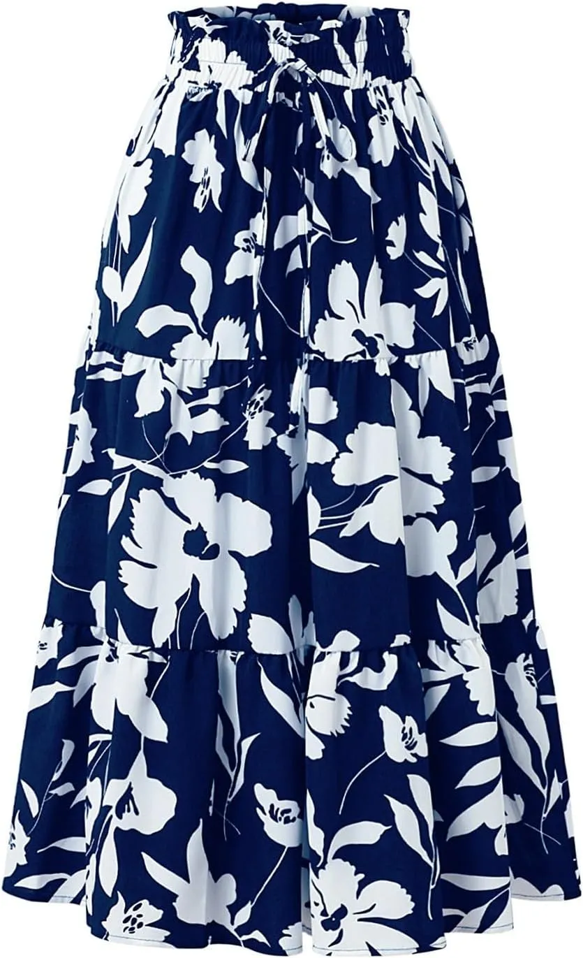Floral Midi Skirts for Women Casual Flowy Drawstring Waist A Line Skirts Comfy Church Teacher Skirt with Belt