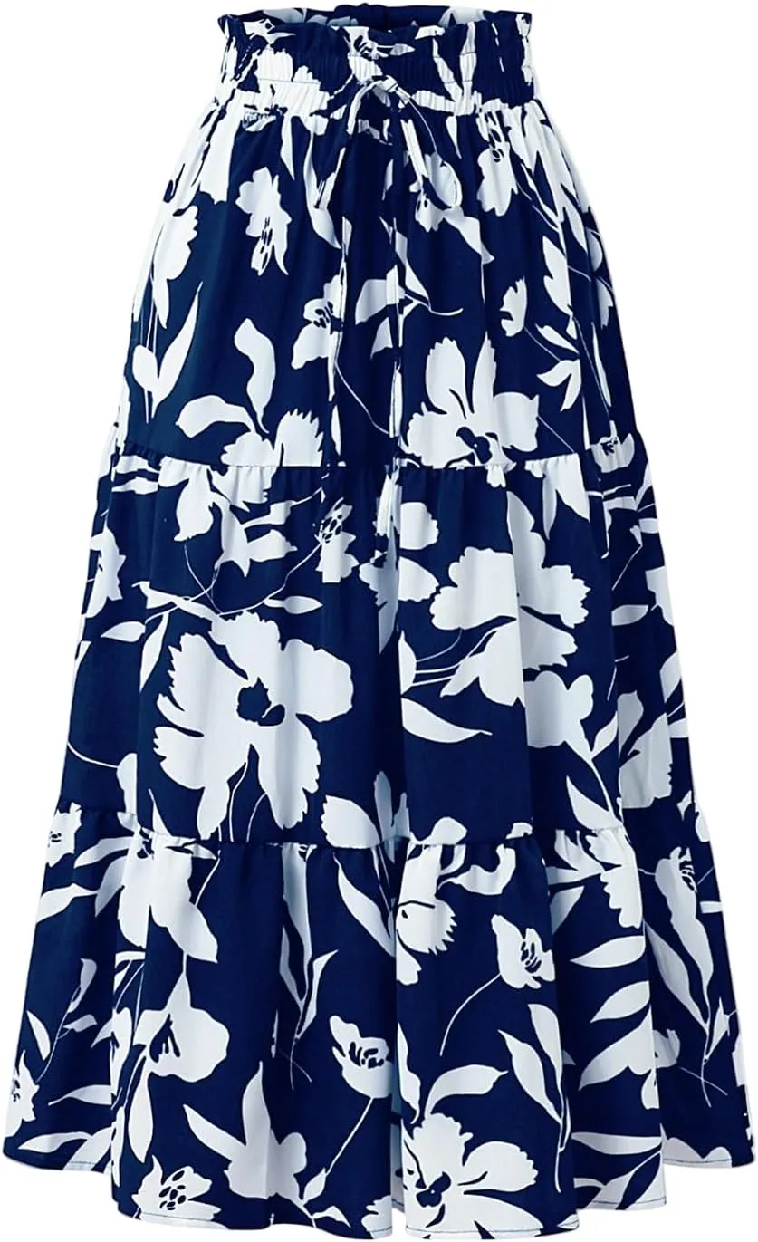 Floral Midi Skirts for Women Casual Flowy Drawstring Waist A Line Skirts Comfy Church Teacher Skirt with Belt