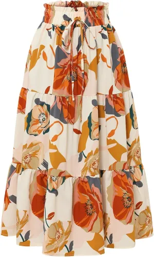Floral Midi Skirts for Women Casual Flowy Drawstring Waist A Line Skirts Comfy Church Teacher Skirt with Belt