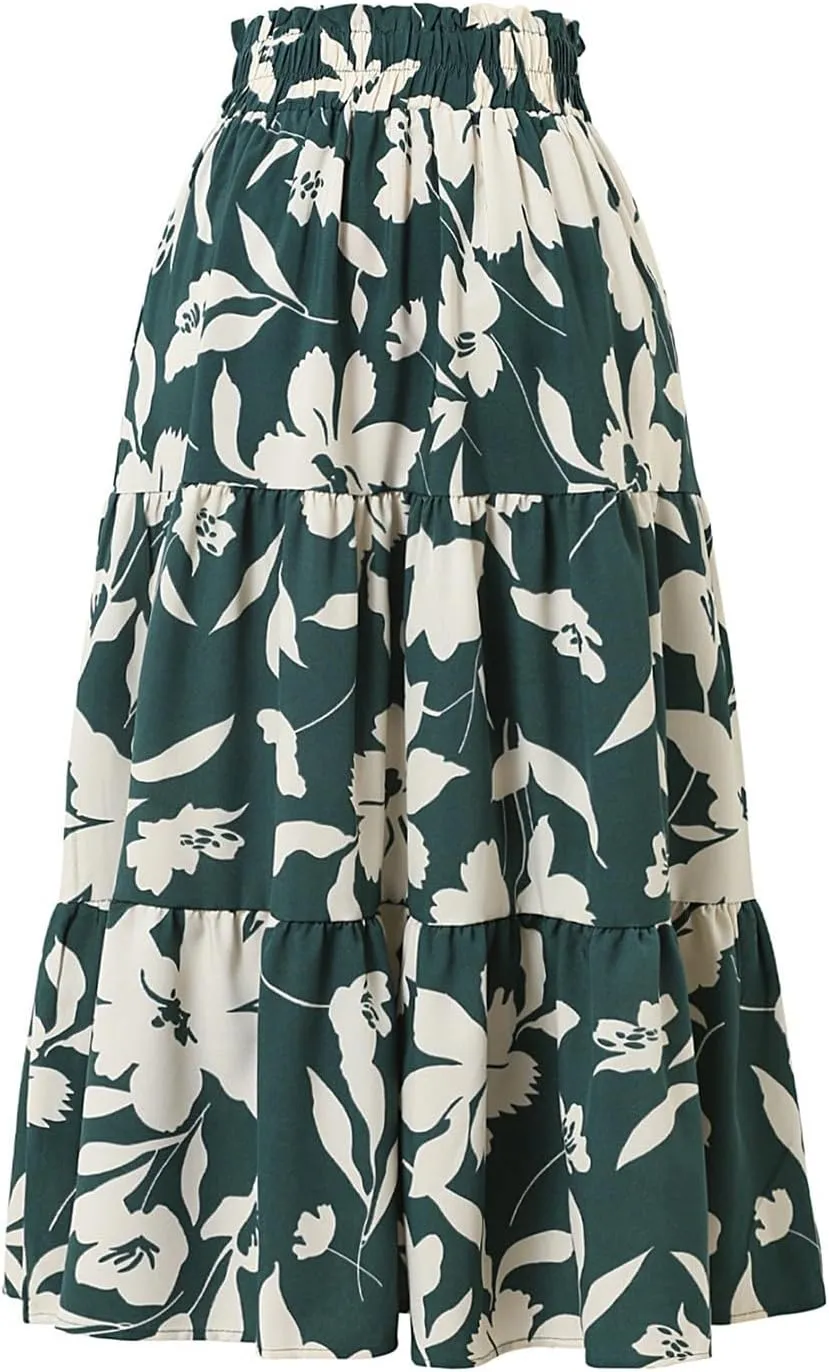 Floral Midi Skirts for Women Casual Flowy Drawstring Waist A Line Skirts Comfy Church Teacher Skirt with Belt