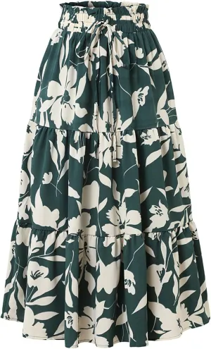 Floral Midi Skirts for Women Casual Flowy Drawstring Waist A Line Skirts Comfy Church Teacher Skirt with Belt
