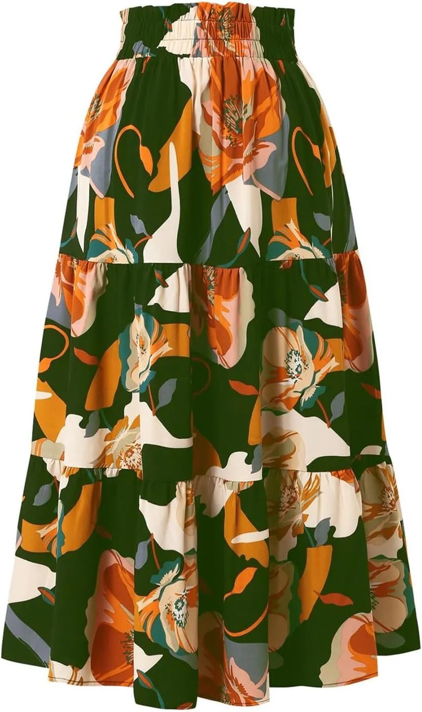 Floral Midi Skirts for Women Casual Flowy Drawstring Waist A Line Skirts Comfy Church Teacher Skirt with Belt