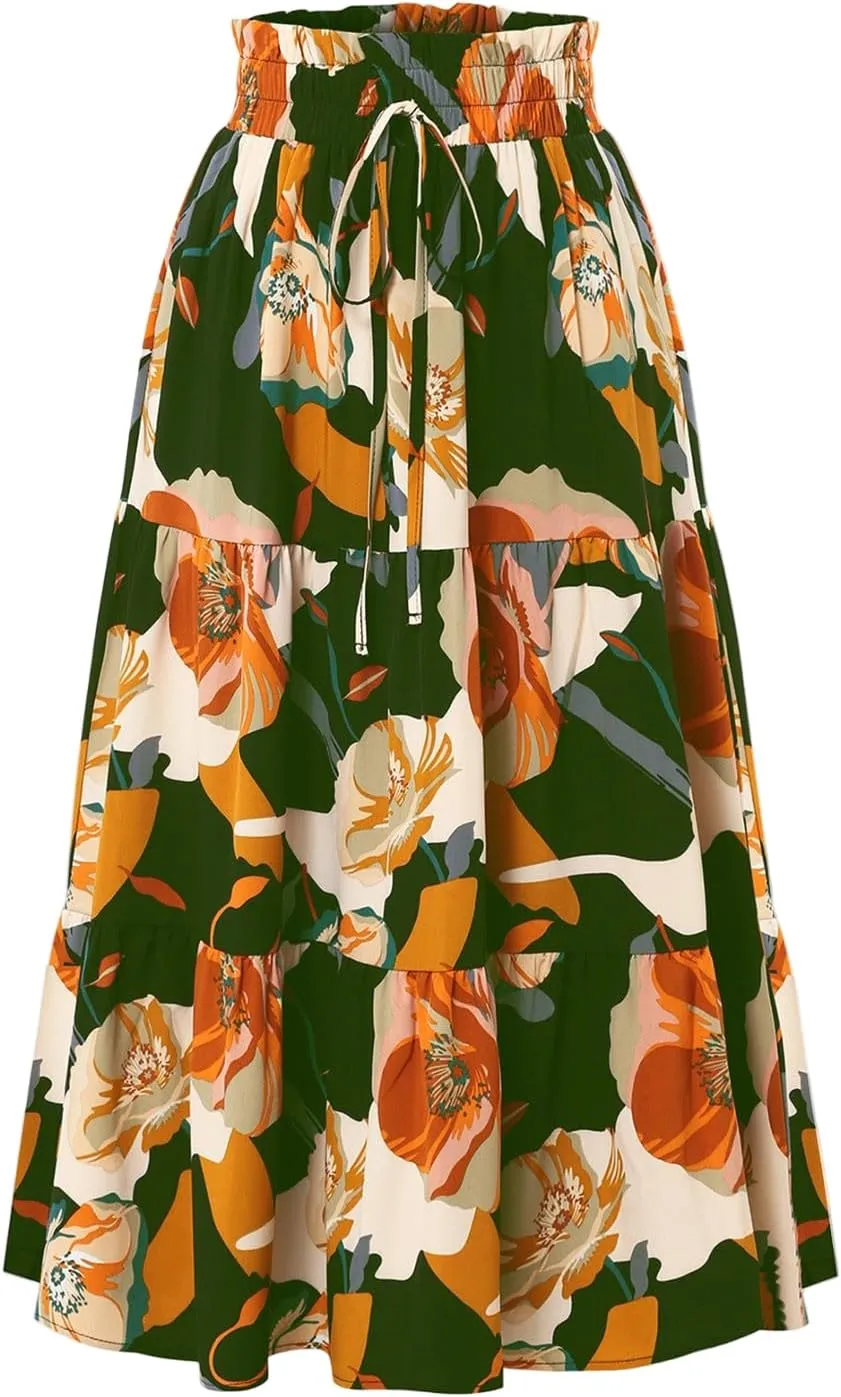 Floral Midi Skirts for Women Casual Flowy Drawstring Waist A Line Skirts Comfy Church Teacher Skirt with Belt