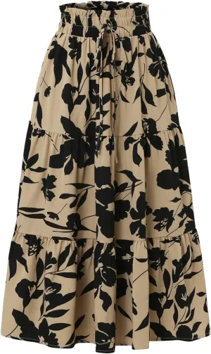 Floral Midi Skirts for Women Casual Flowy Drawstring Waist A Line Skirts Comfy Church Teacher Skirt with Belt