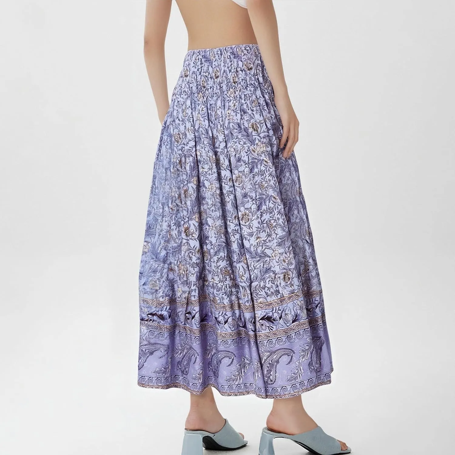 Floral Pleated Skirts for Women Midi Length Summer Casual Boho High Waisted Flowy Plus Size Tiered A Line Skirt