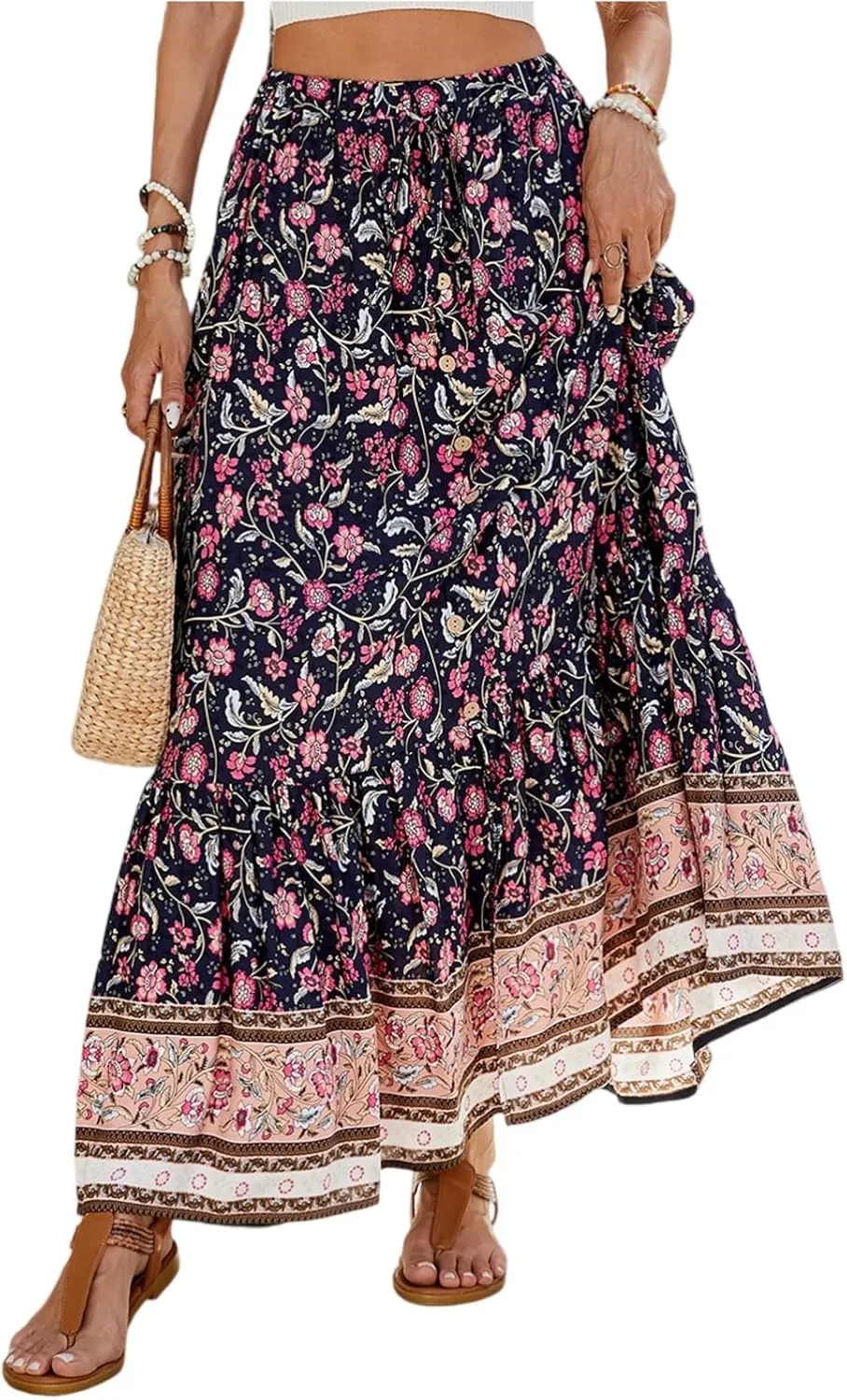 Floral Pleated Skirts for Women Midi Length Summer Casual Boho High Waisted Flowy Plus Size Tiered A Line Skirt