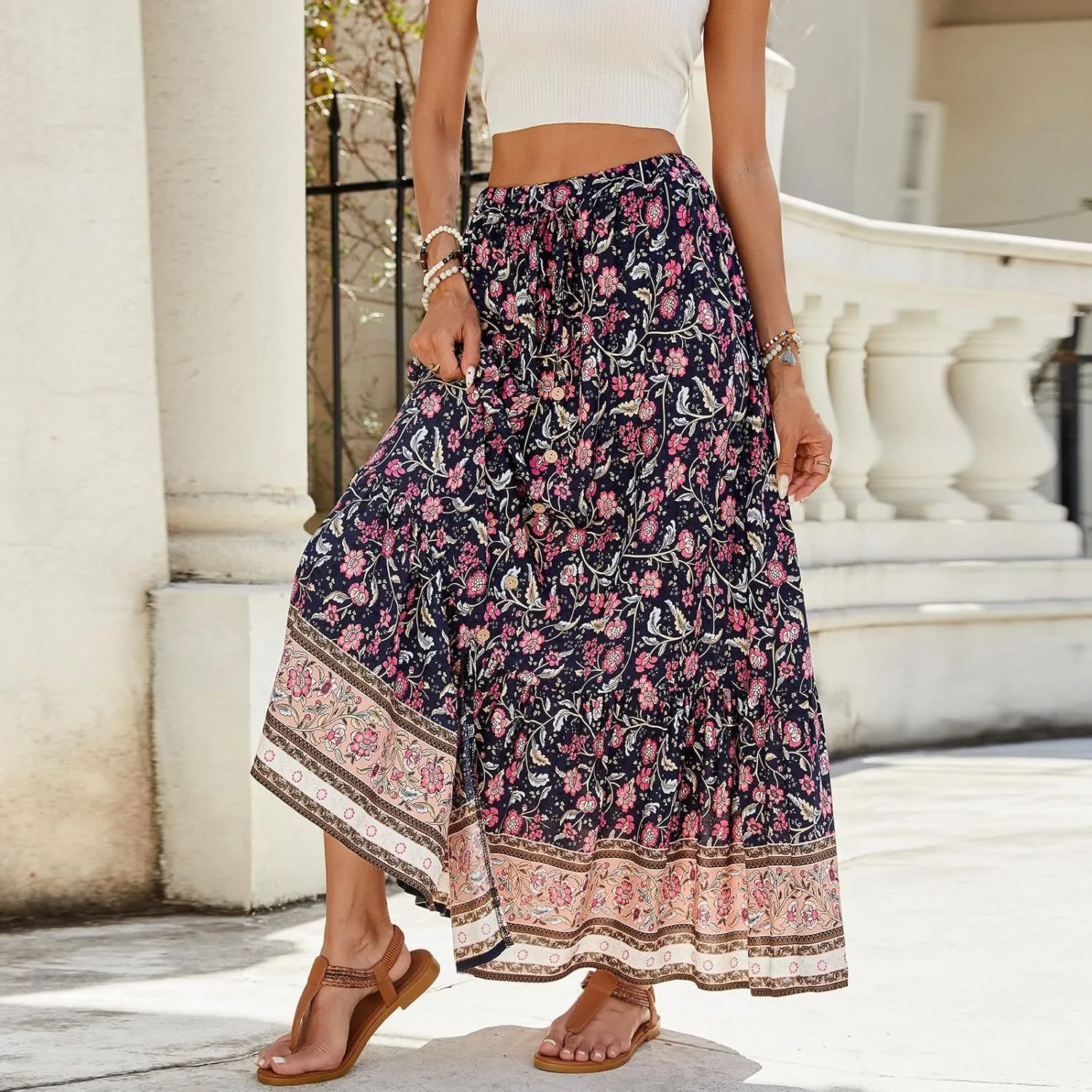 Floral Pleated Skirts for Women Midi Length Summer Casual Boho High Waisted Flowy Plus Size Tiered A Line Skirt
