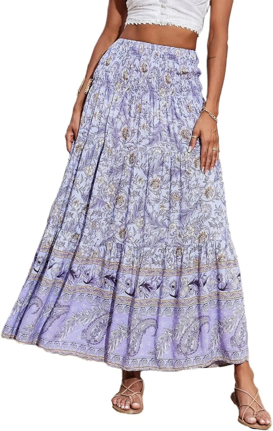 Floral Pleated Skirts for Women Midi Length Summer Casual Boho High Waisted Flowy Plus Size Tiered A Line Skirt