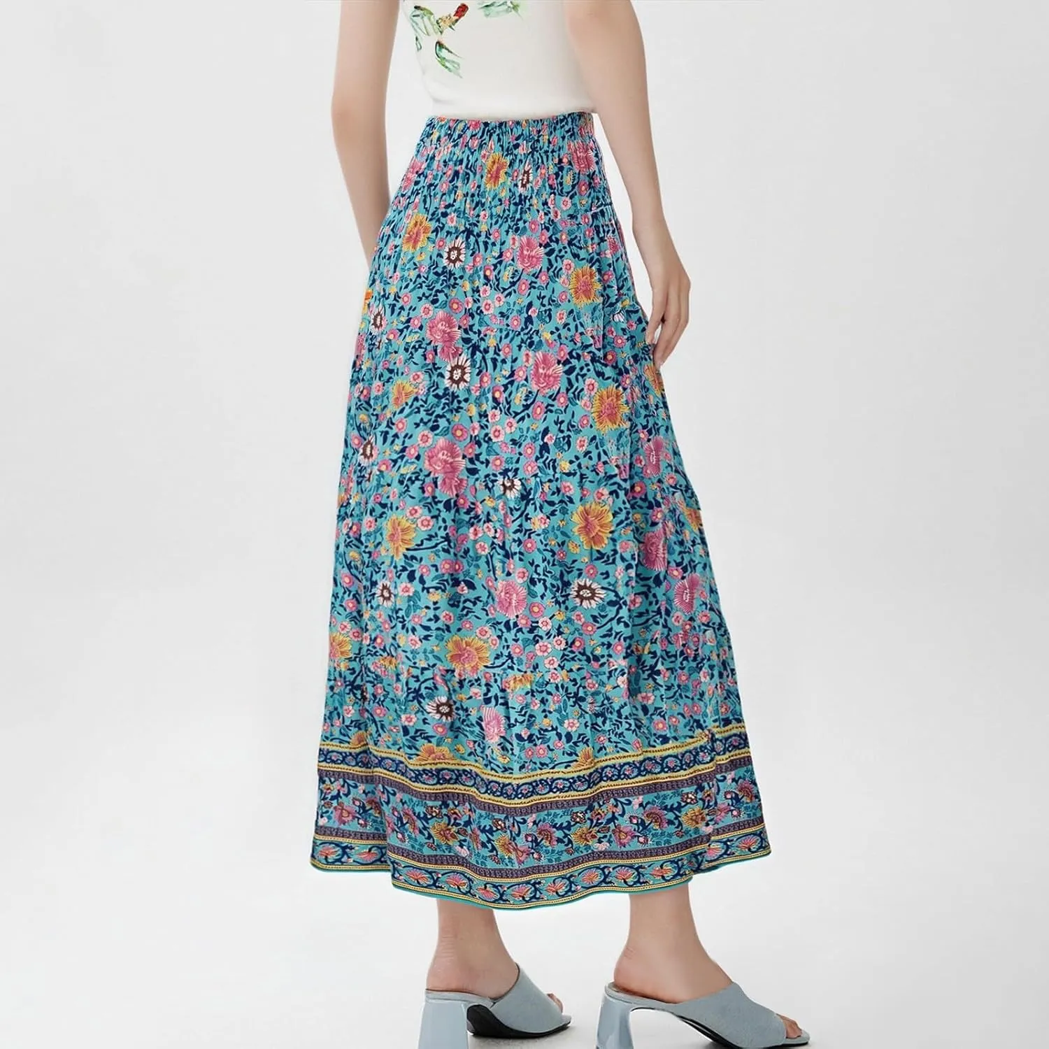 Floral Pleated Skirts for Women Midi Length Summer Casual Boho High Waisted Flowy Plus Size Tiered A Line Skirt