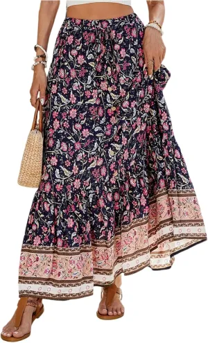 Floral Pleated Skirts for Women Midi Length Summer Casual Boho High Waisted Flowy Plus Size Tiered A Line Skirt