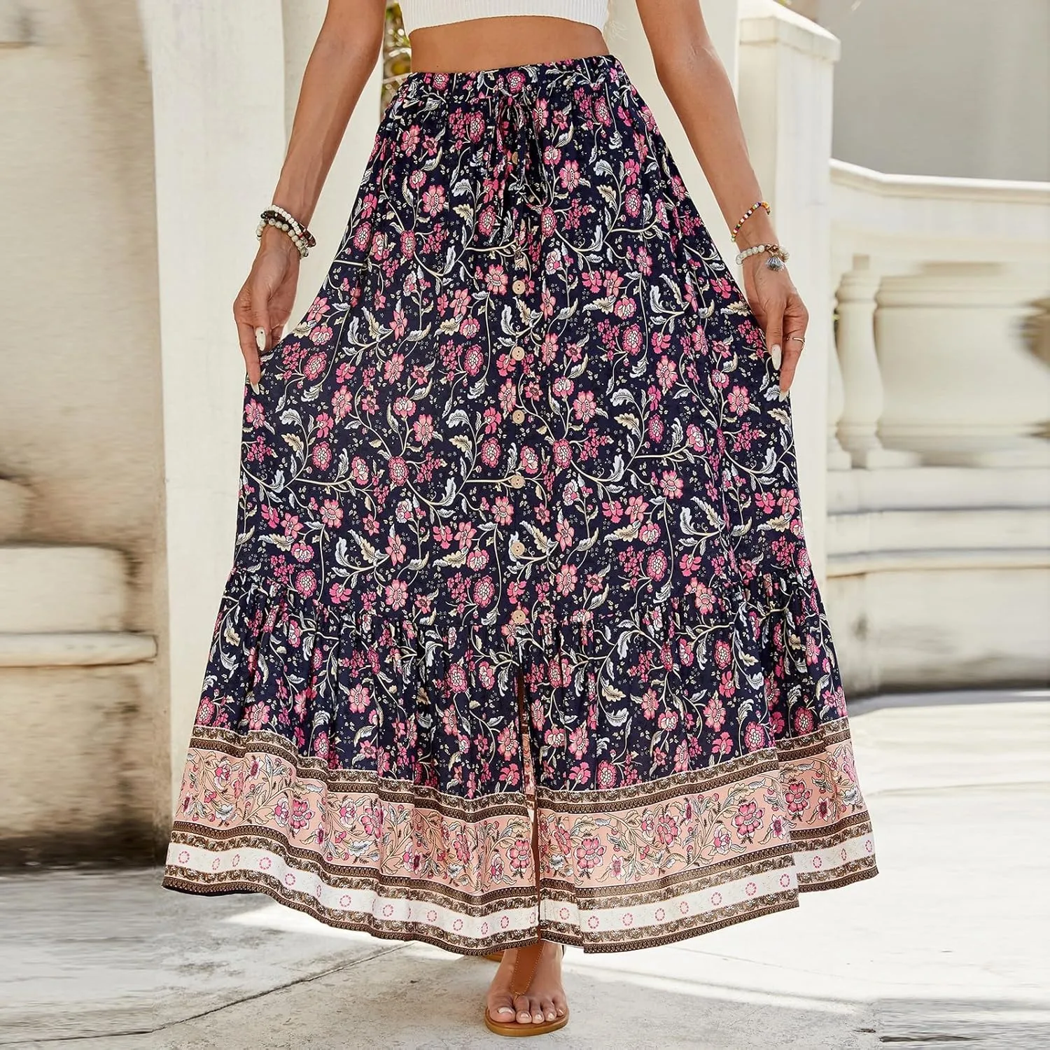 Floral Pleated Skirts for Women Midi Length Summer Casual Boho High Waisted Flowy Plus Size Tiered A Line Skirt