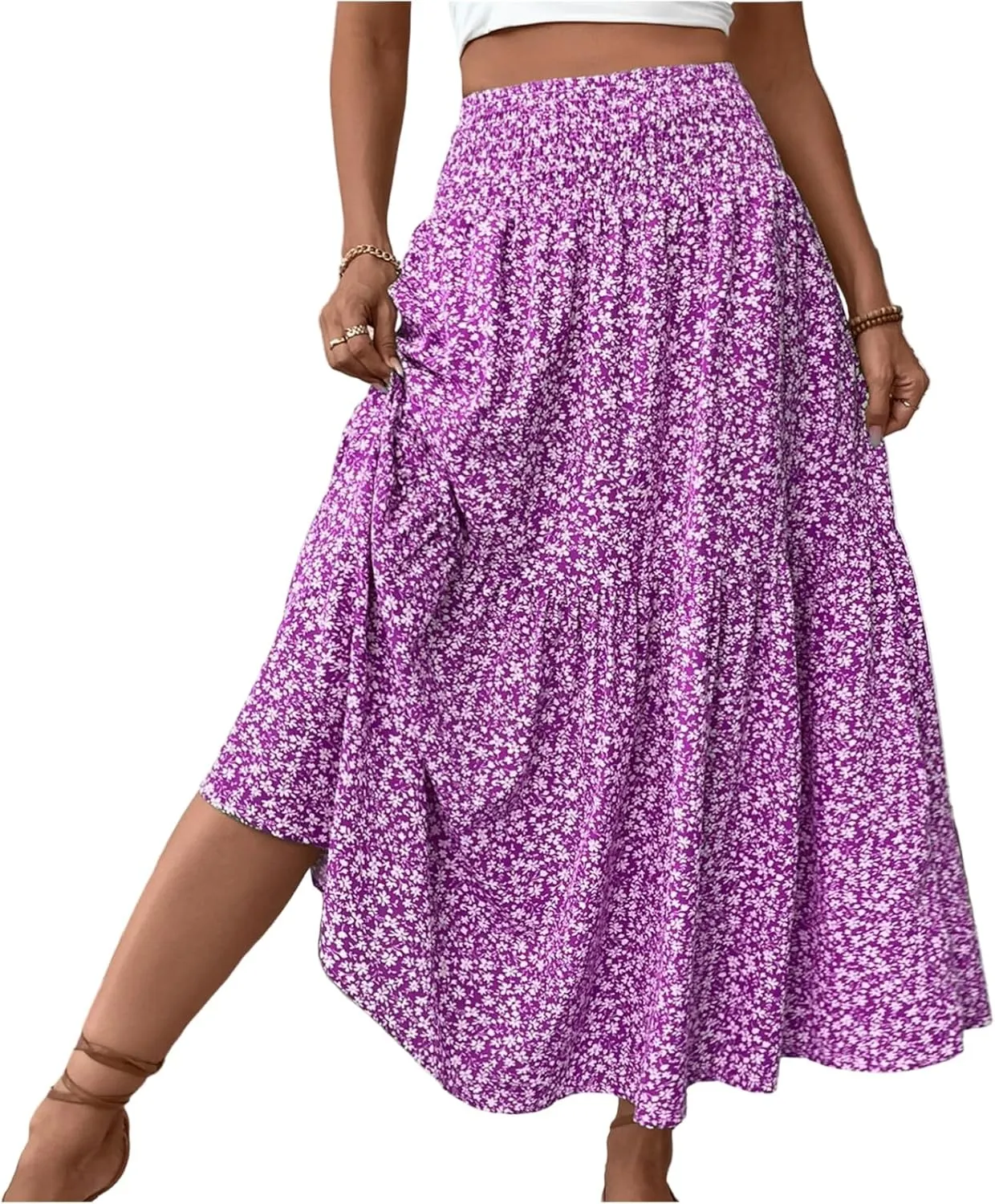 Floral Skirts for Women 2025 Spring Summer Trendy Elastic Waist Maxi Skirts Flowy Bohemian Ruffle Skirt with Pockets