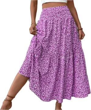 Floral Skirts for Women 2025 Spring Summer Trendy Elastic Waist Maxi Skirts Flowy Bohemian Ruffle Skirt with Pockets