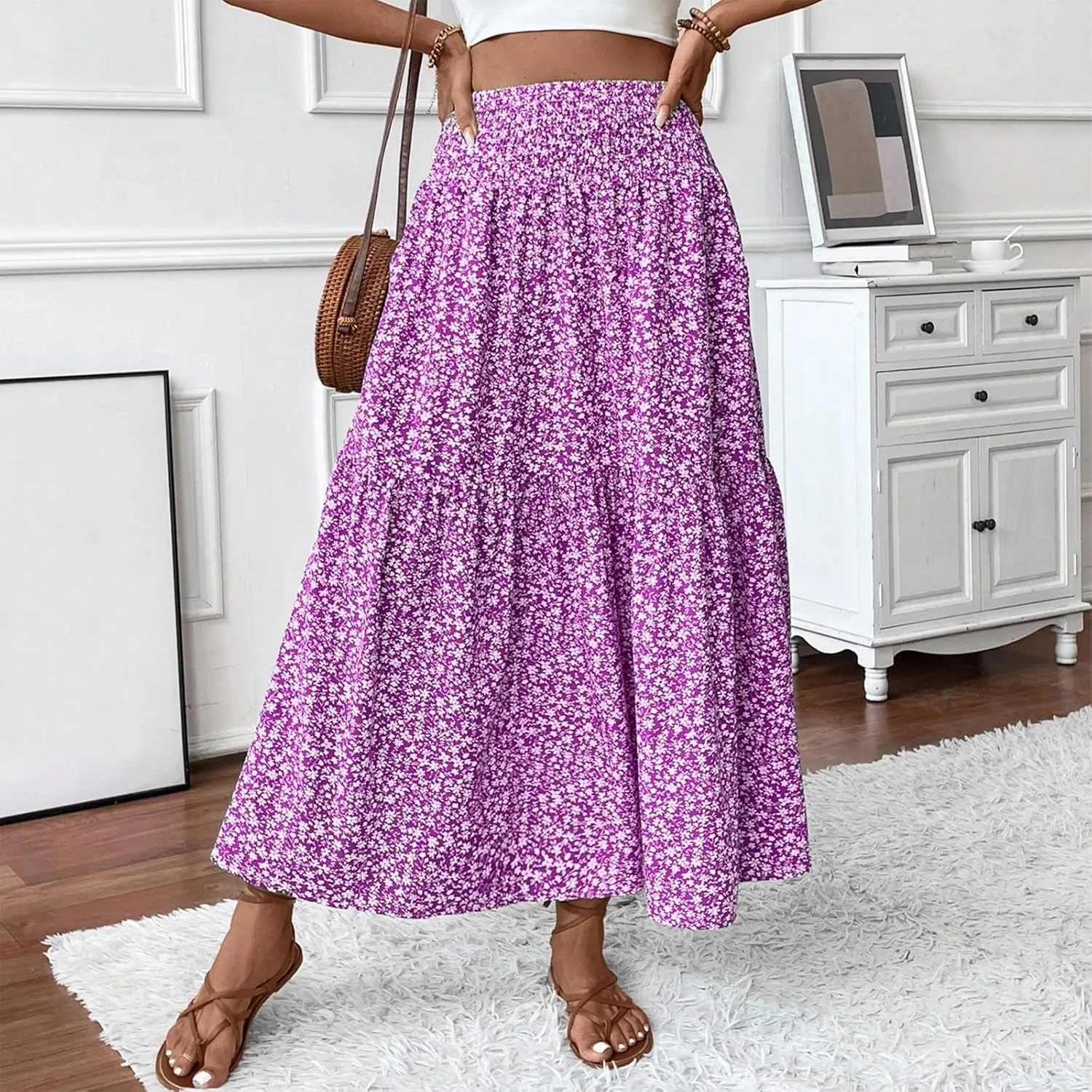 Floral Skirts for Women 2025 Spring Summer Trendy Elastic Waist Maxi Skirts Flowy Bohemian Ruffle Skirt with Pockets