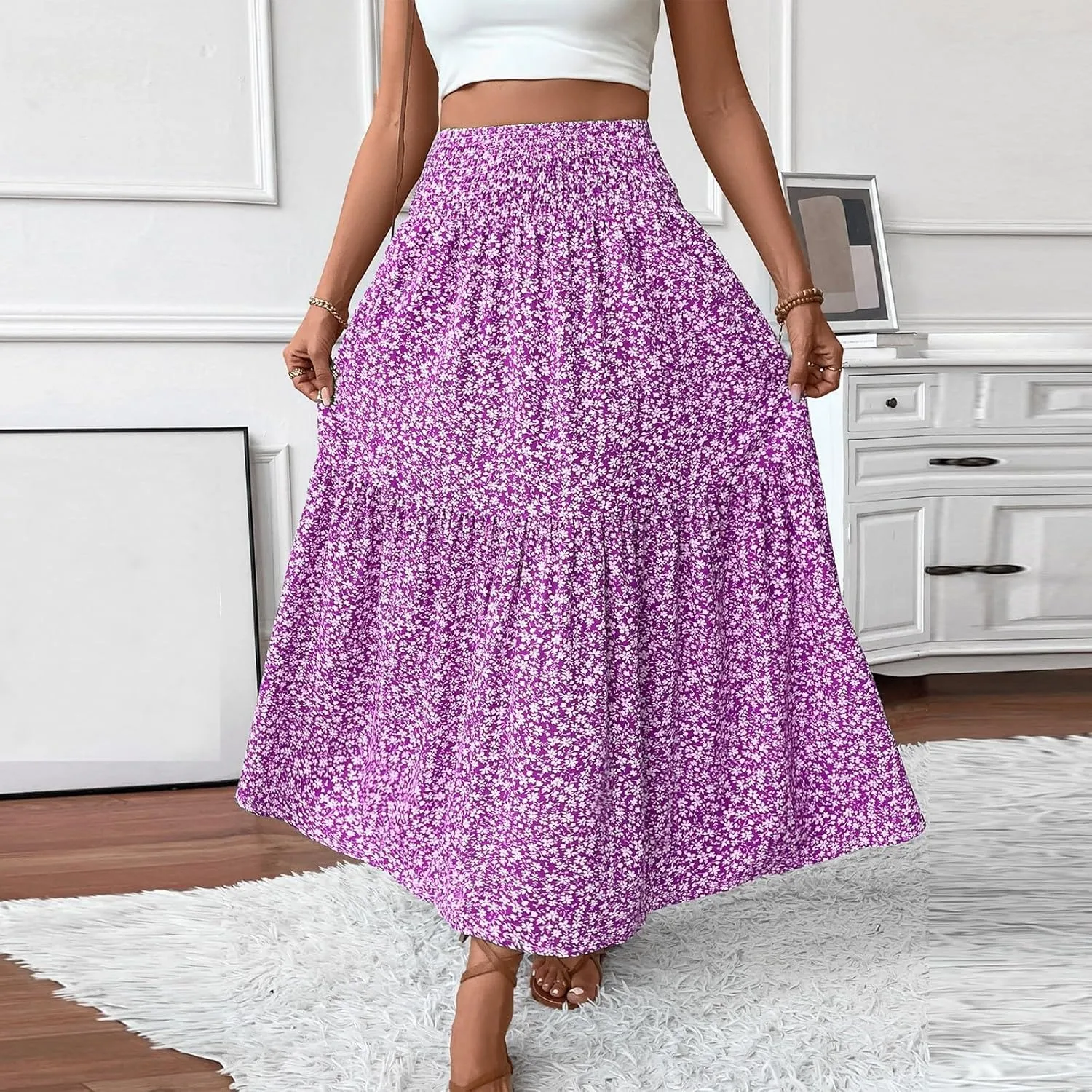 Floral Skirts for Women 2025 Spring Summer Trendy Elastic Waist Maxi Skirts Flowy Bohemian Ruffle Skirt with Pockets