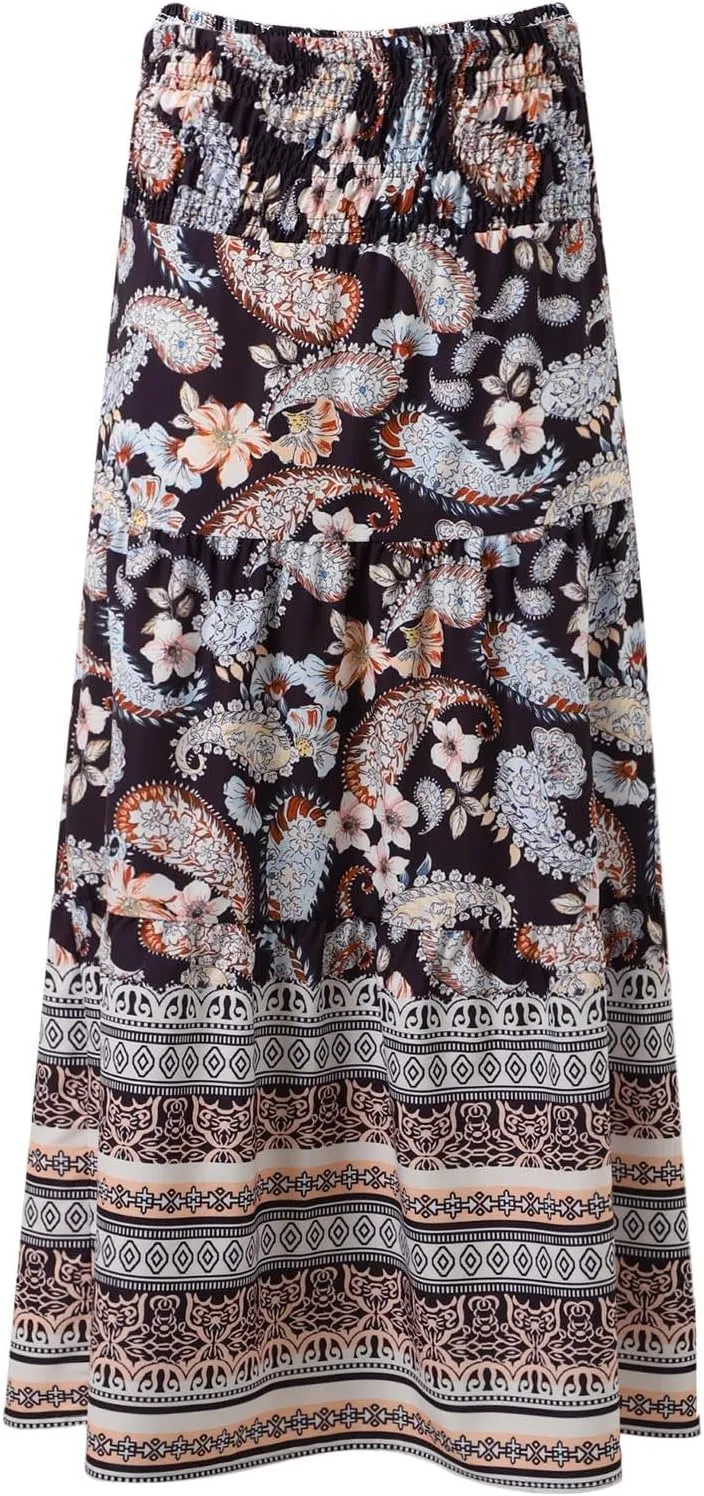 Flowy Skirts for Women Boho Summer Casual Floral Maxi Skirt Cute Tiered Vacation High Waisted A Line Long Skirts Trendy
