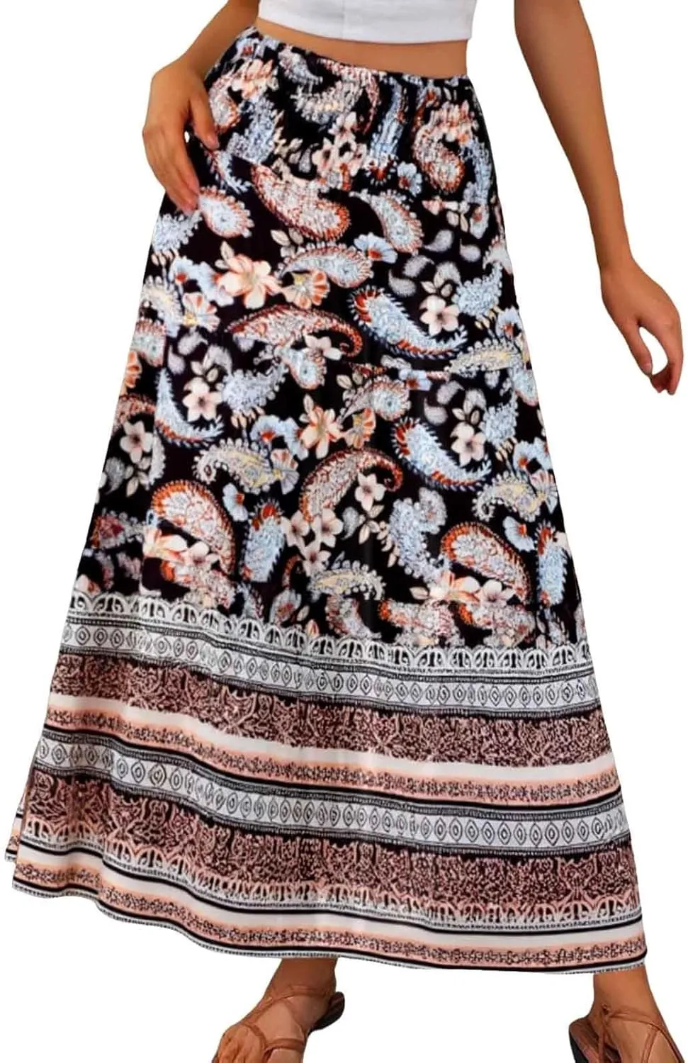 Flowy Skirts for Women Boho Summer Casual Floral Maxi Skirt Cute Tiered Vacation High Waisted A Line Long Skirts Trendy