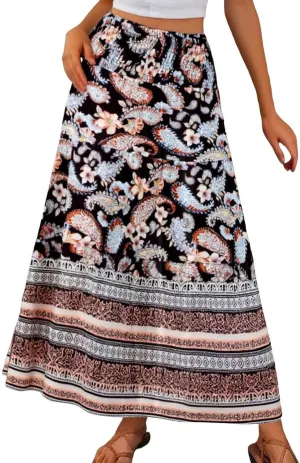 Flowy Skirts for Women Boho Summer Casual Floral Maxi Skirt Cute Tiered Vacation High Waisted A Line Long Skirts Trendy