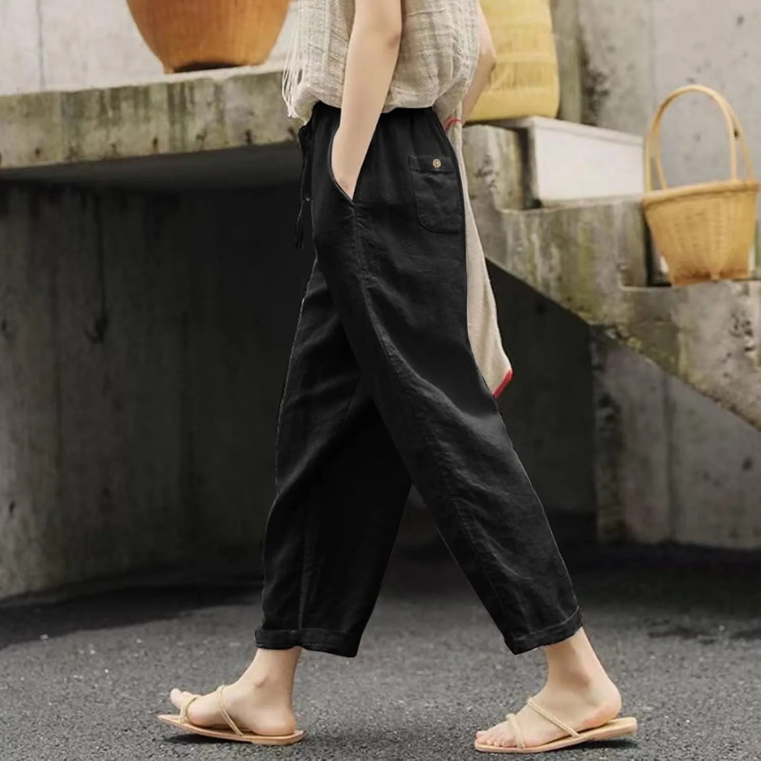 Franterd Linen Capri Pants for Women 2024 Trendy Summer Casual Drawstring Straight Leg Pants Beach Elastic Waist Work Trouser