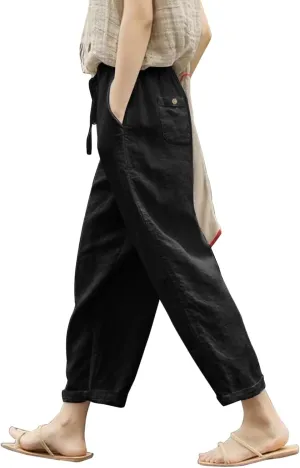 Franterd Linen Capri Pants for Women 2024 Trendy Summer Casual Drawstring Straight Leg Pants Beach Elastic Waist Work Trouser