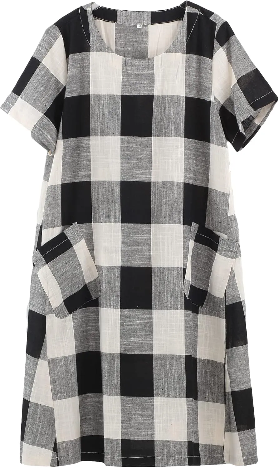 FTCayanz Women's Linen Shirt Dresses Summer Casual Short Sleeve Plaid Tunic Midi Dress
